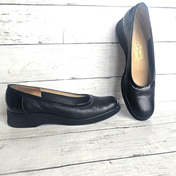 Salvatore Ferragamo Black Leather Slip on Loafers Luxury Wedges Round Toe - Picture 6 of 16